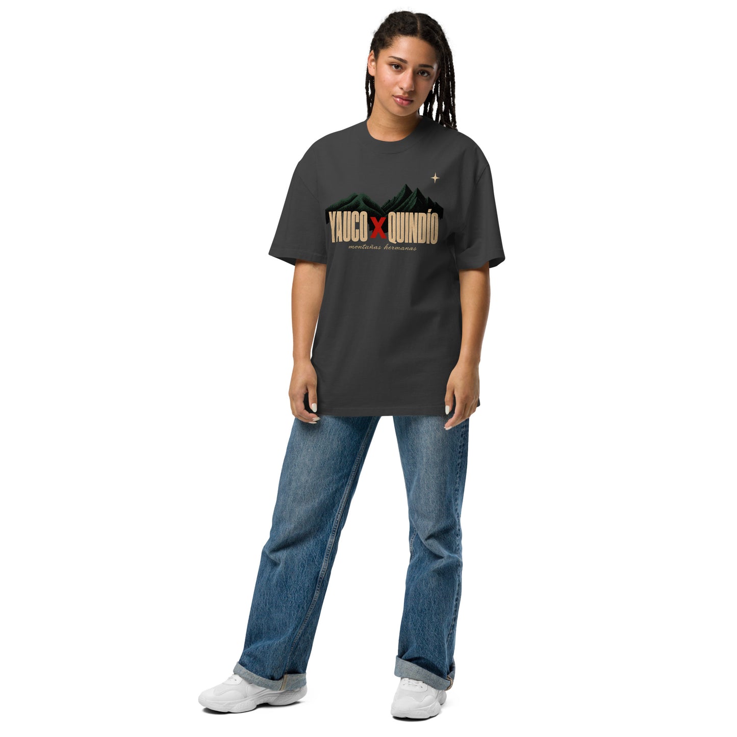 YAUCO × QUINDÍO Tee flat lay - drop café paisa boricua hermandad montañas