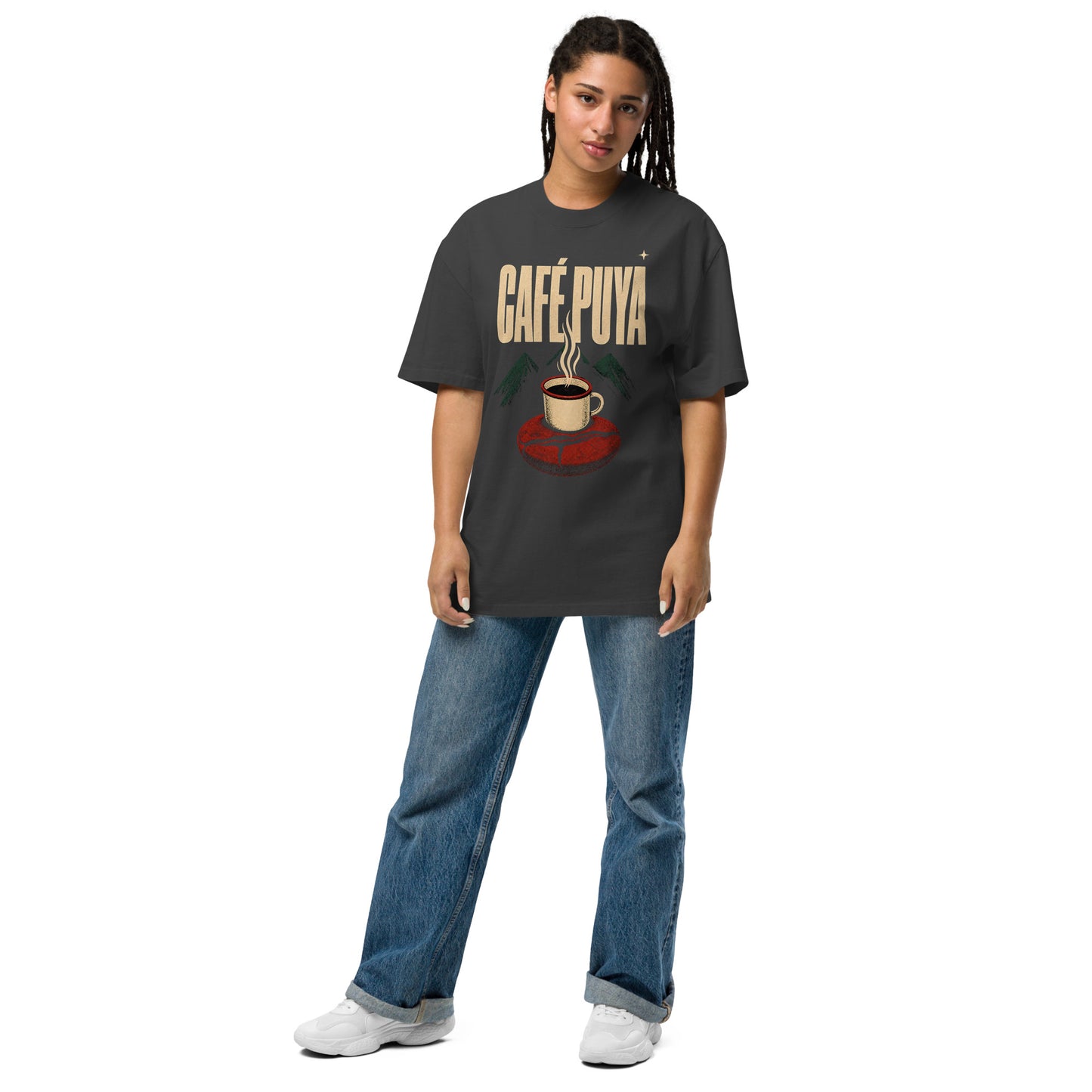 CAFÉ PUYA tee model wearing left front - PaisaRican streetwear cafetalero boricua