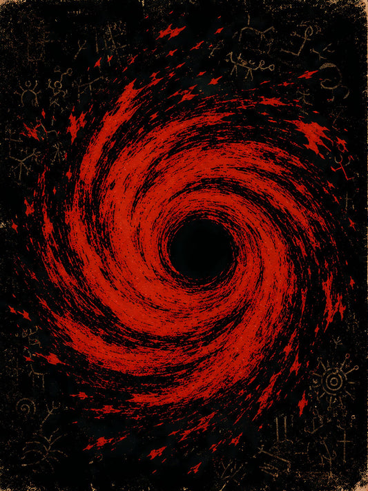 Cartel de la espiral roja de un huracán sobre fondo negro con símbolos taínos, arte de la serie taína de PaisaRican