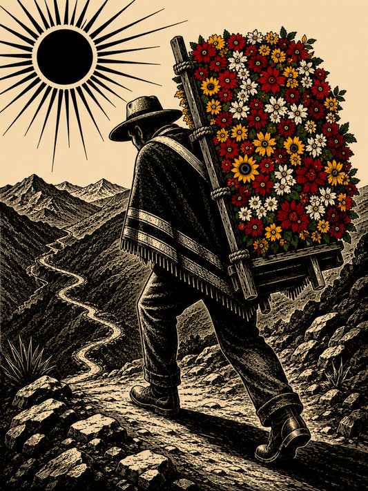 Cartel silletero paisa caminando con silleta de flores por la montaña, arte Feria de las Flores PaisaRican