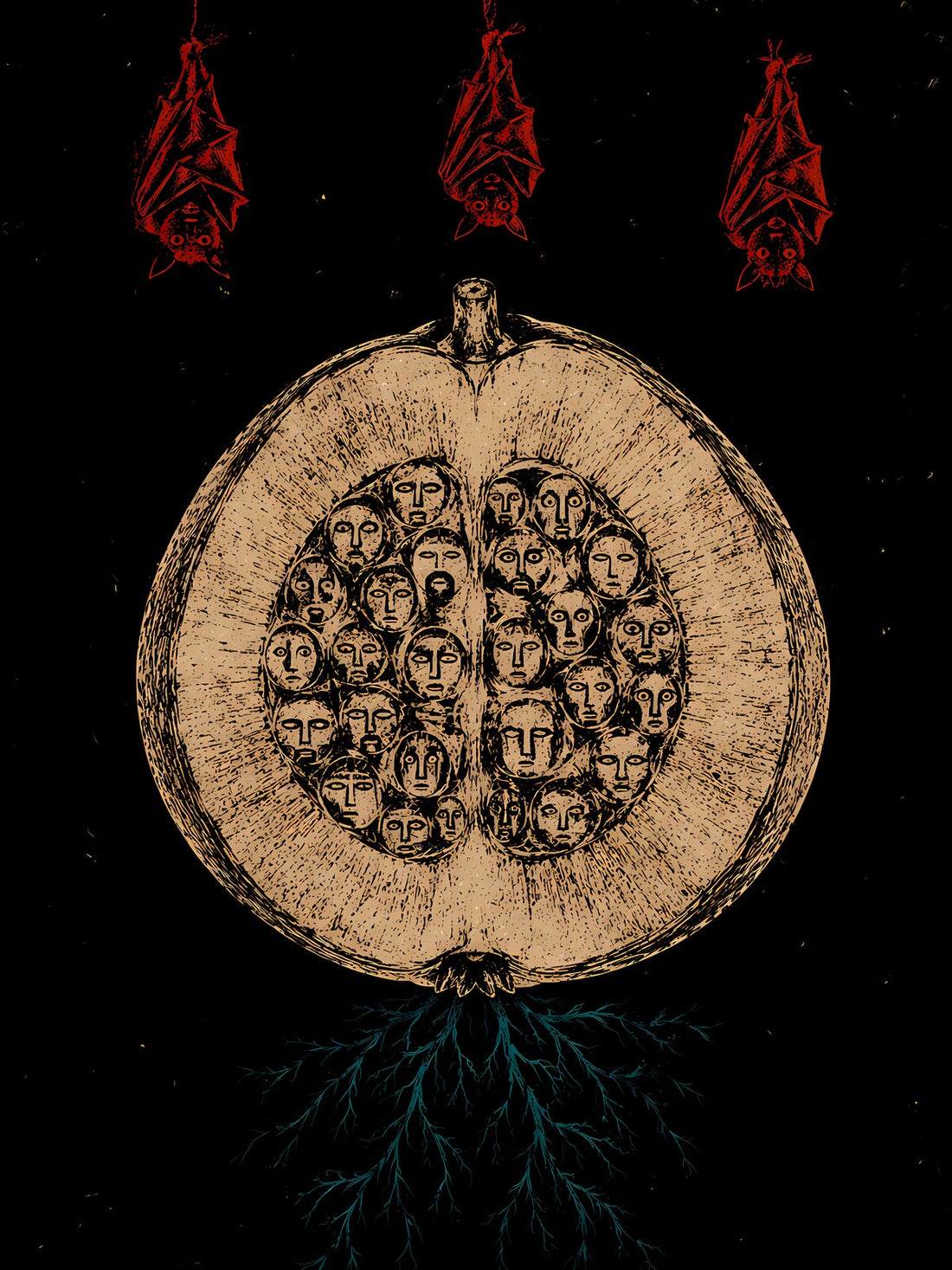 Guayaba abierta con rostros de almas adentro y tres murciélagos rojos colgando, arte de la serie taína de PaisaRican