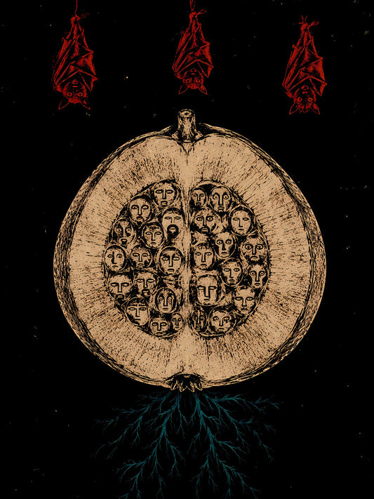 Guayaba abierta con rostros de almas adentro y tres murciélagos rojos colgando, arte de la serie taína de PaisaRican