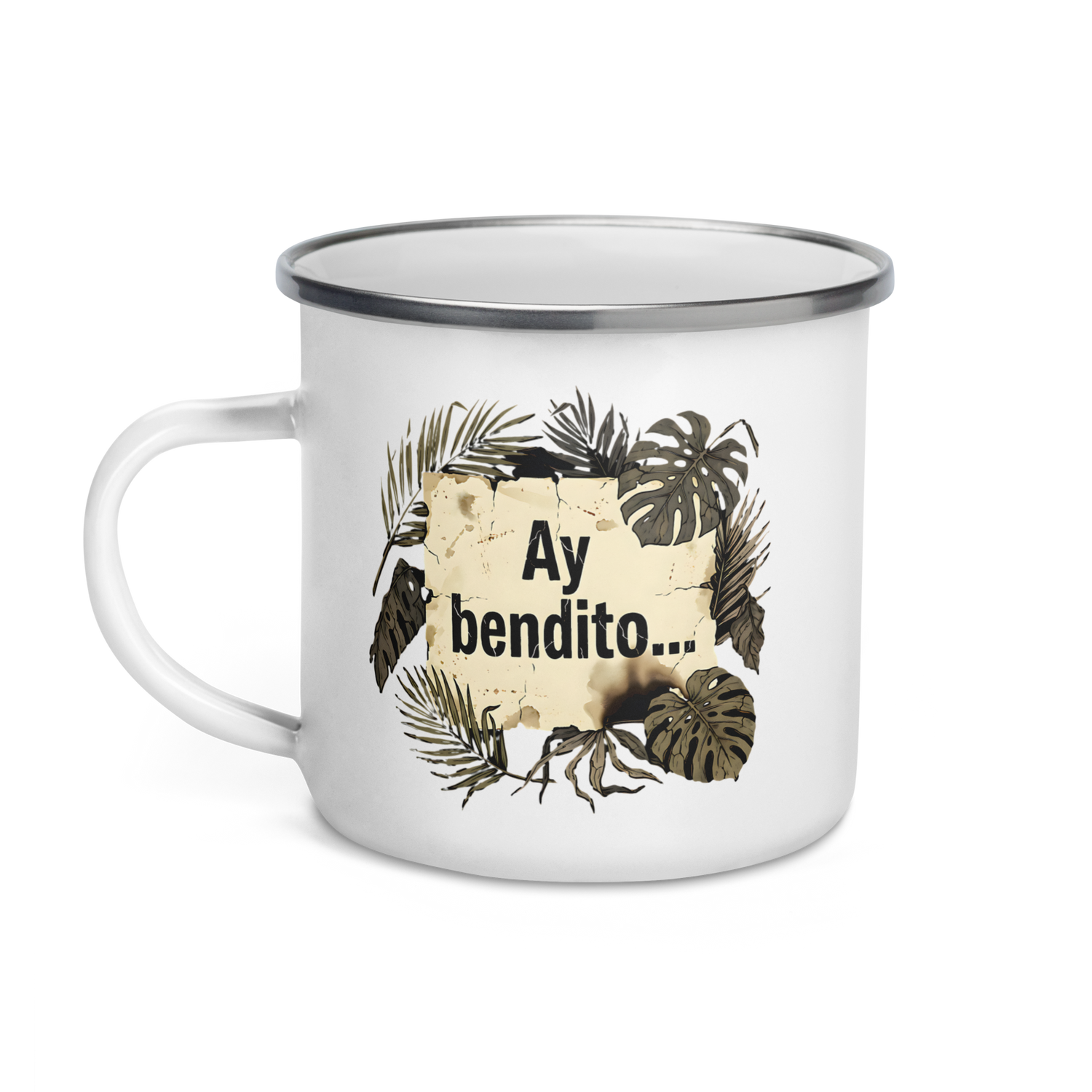 Taza esmaltada blanca con diseño Ay Bendito — PaisaRican, tazas con frases boricuas
