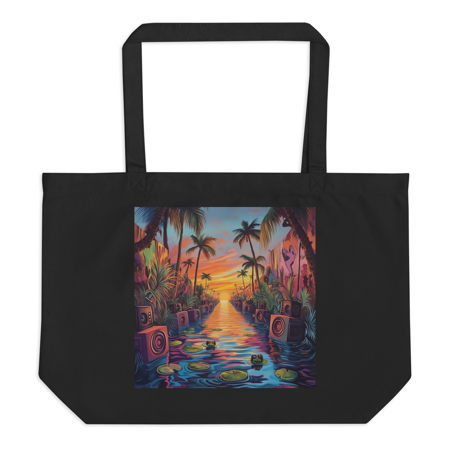 PaisaRican Accesorios — Tote bag negro con ilustración tropical de speakers y palmeras al atardecer, accesorios culturales caribeños