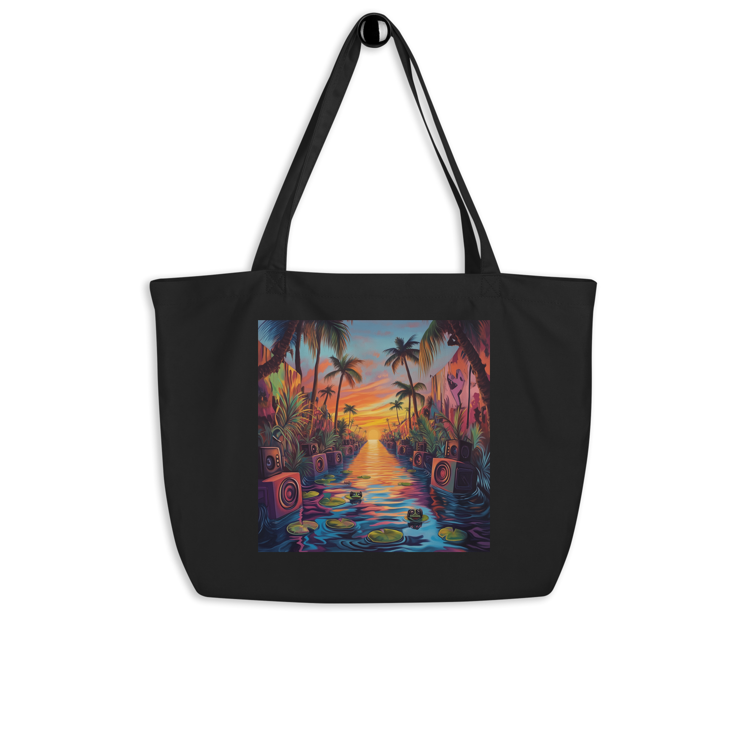 Tote bag negra con arte tropical colorido — PaisaRican, bolsos con cultura latina