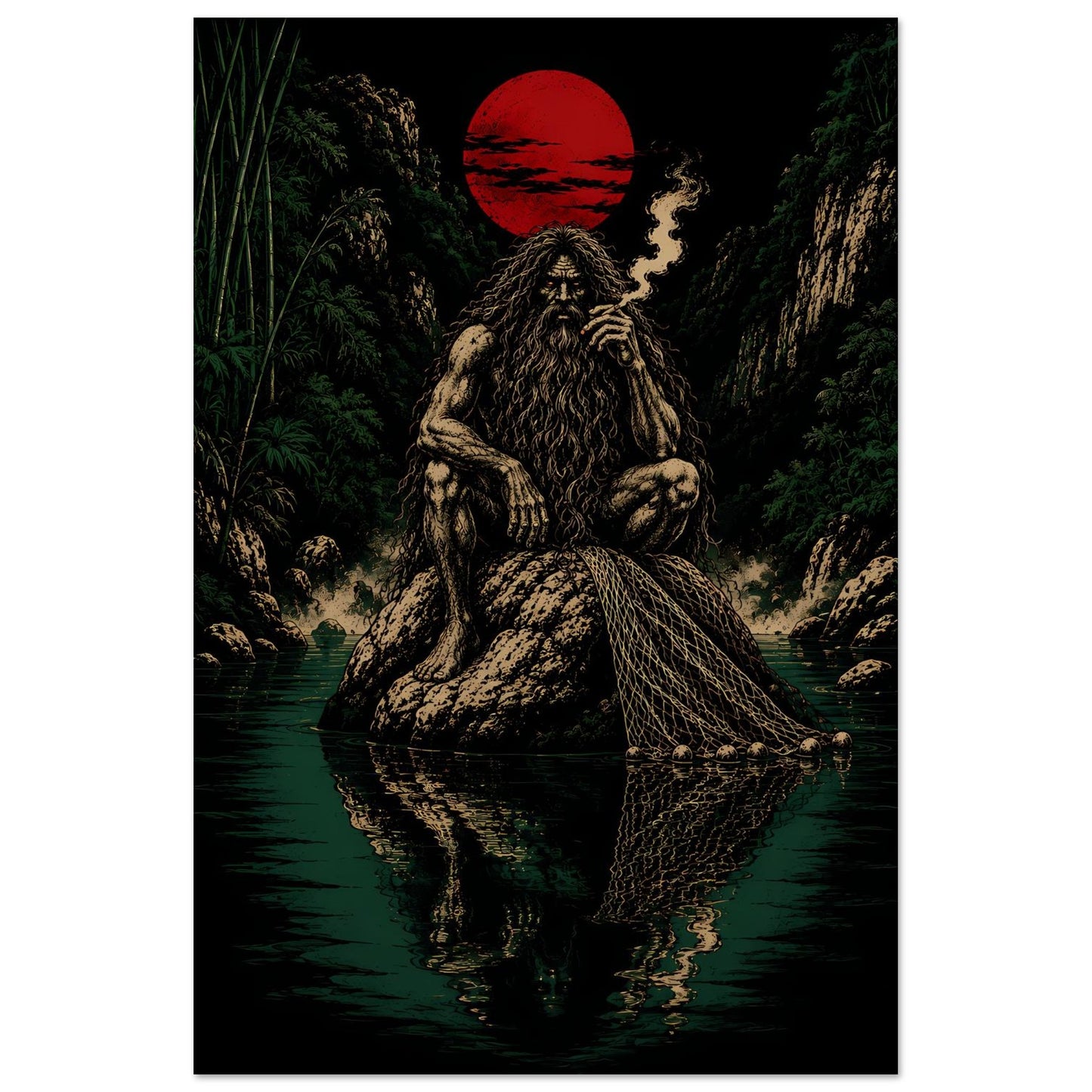 Wall art cartel El Mohán duende del río antioqueño fumando tabaco, luna roja, leyenda paisa PaisaRican