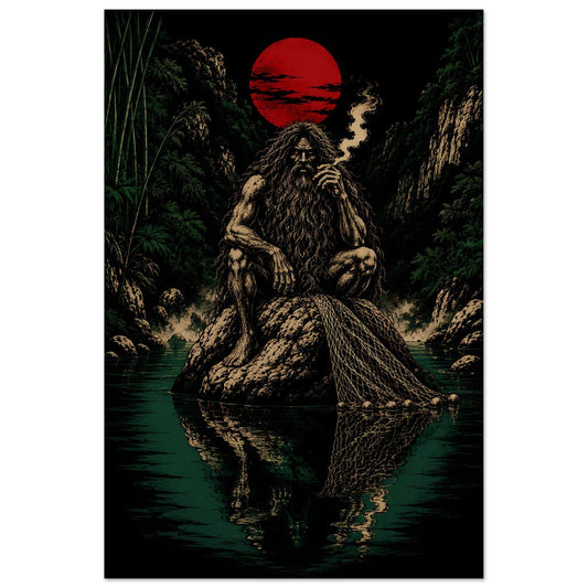 Wall art cartel El Mohán duende del río antioqueño fumando tabaco, luna roja, leyenda paisa PaisaRican