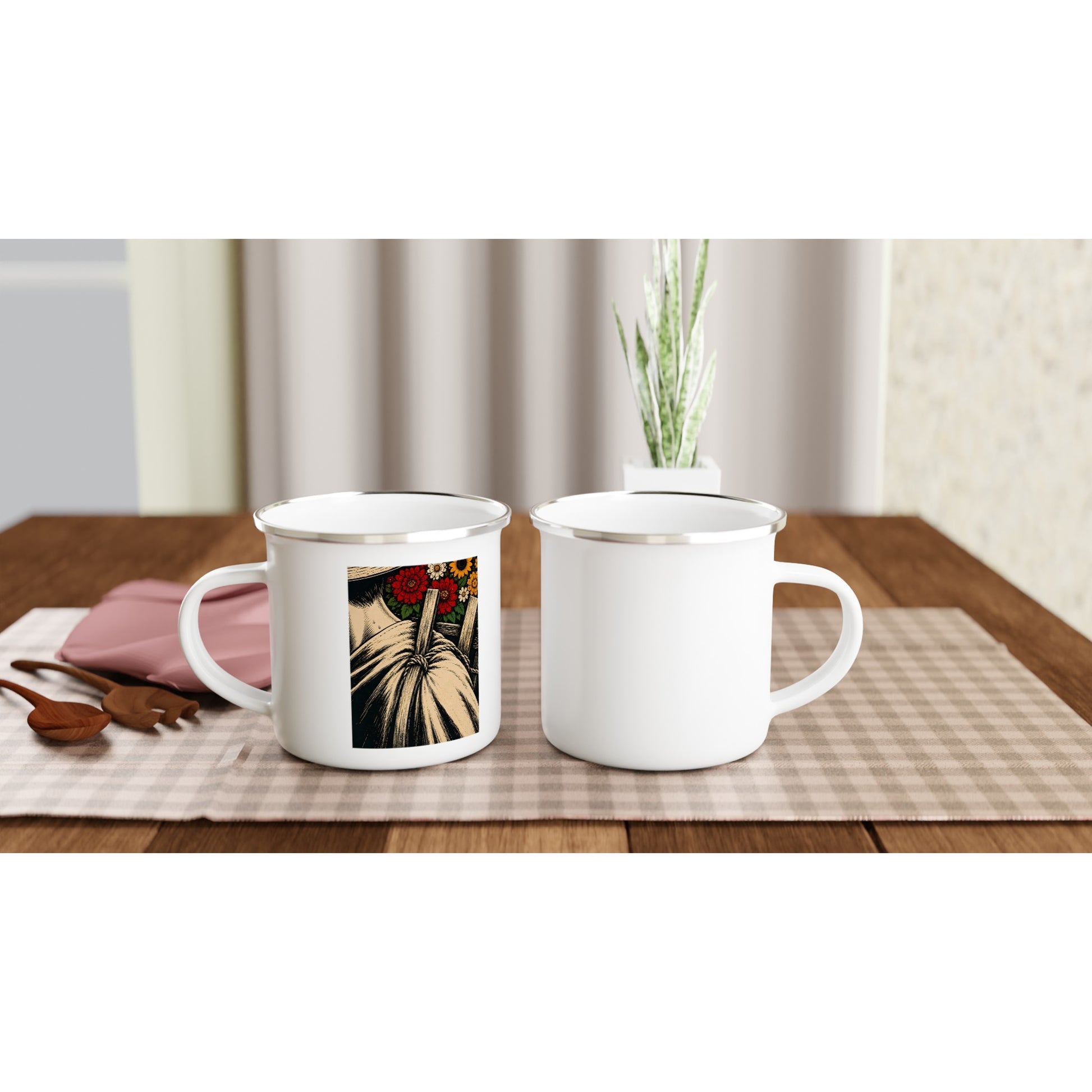 Mug enamel con arte del silletero cargando flores — cafecito cultural paisa PaisaRican