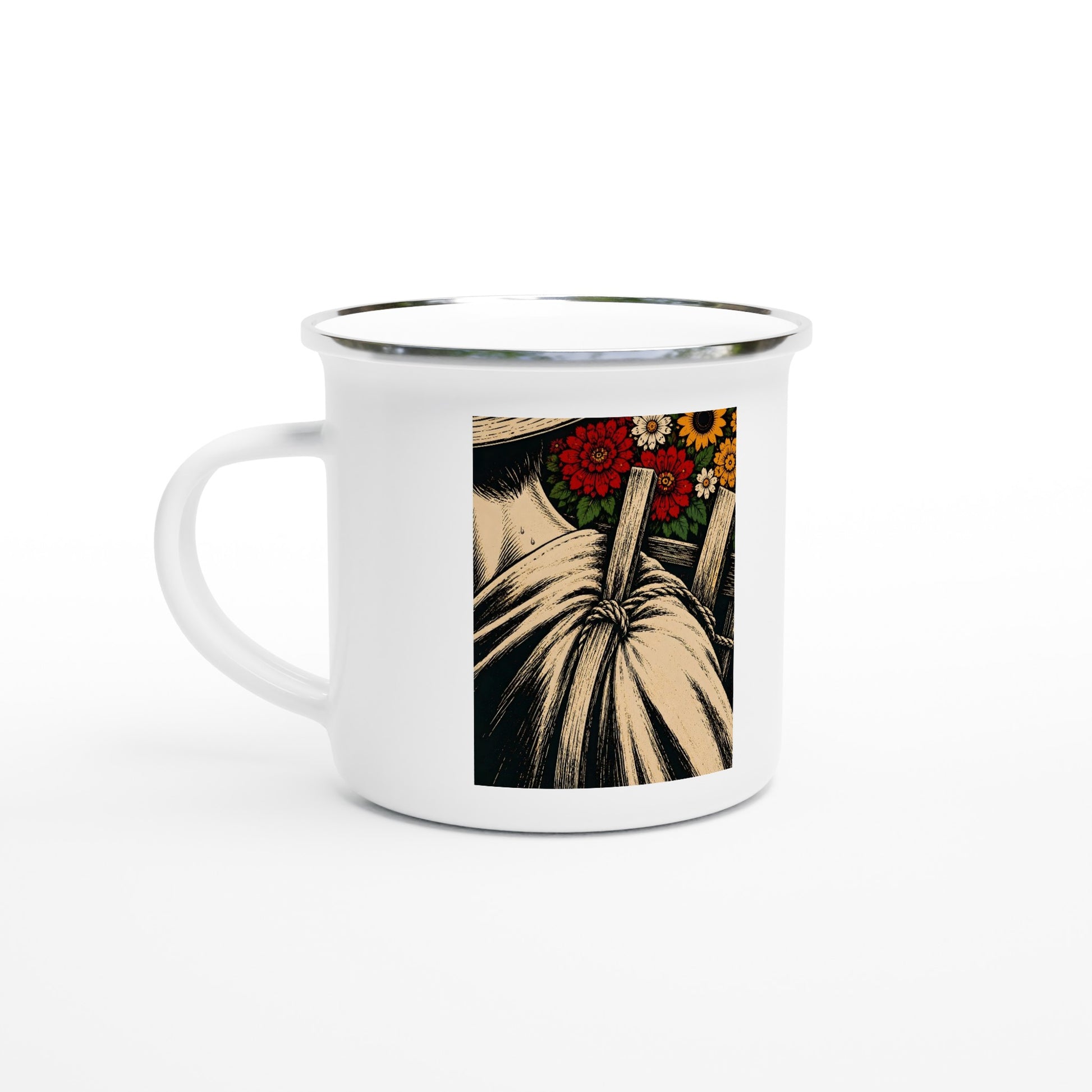 Mug de peltre blanco con el silletero paisa y su silleta de flores — EL SILLETERO Feria de las Flores PaisaRican