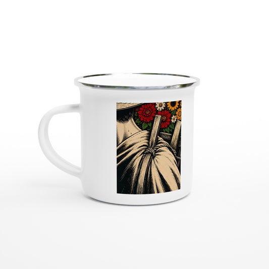 Mug de peltre blanco con el silletero paisa y su silleta de flores — EL SILLETERO Feria de las Flores PaisaRican