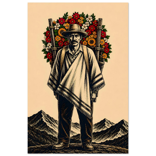 Cartel silletero paisa de frente, digno, con silleta de flores y montaña — Feria de las Flores PaisaRican