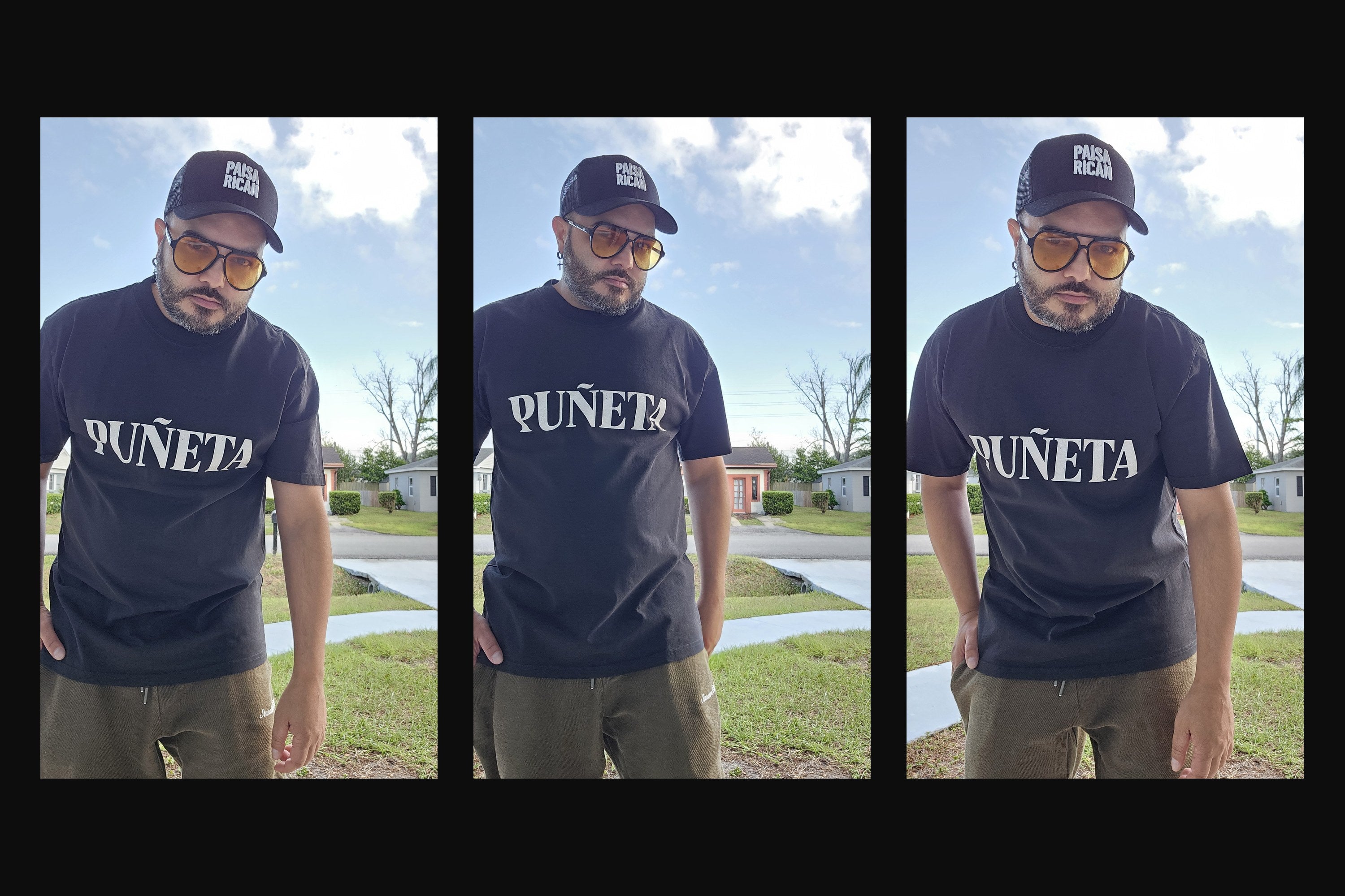 Hero PaisaRican triptych — Héctor con PUÑETA tee y PaisaRican dad hat
