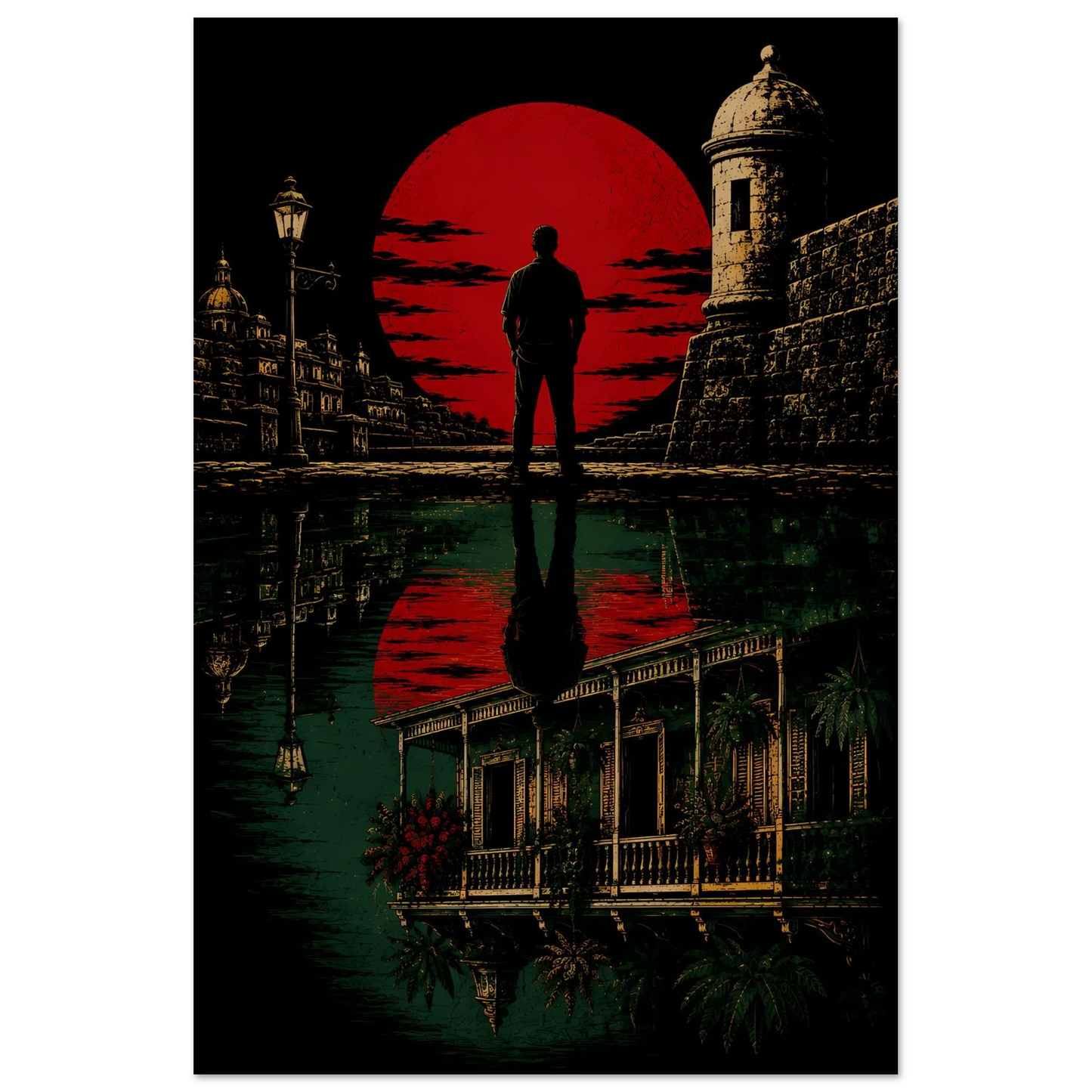Wall art La Otra Orilla hombre mirando garita del Viejo San Juan con balcón paisa reflejado en el agua, PaisaRican