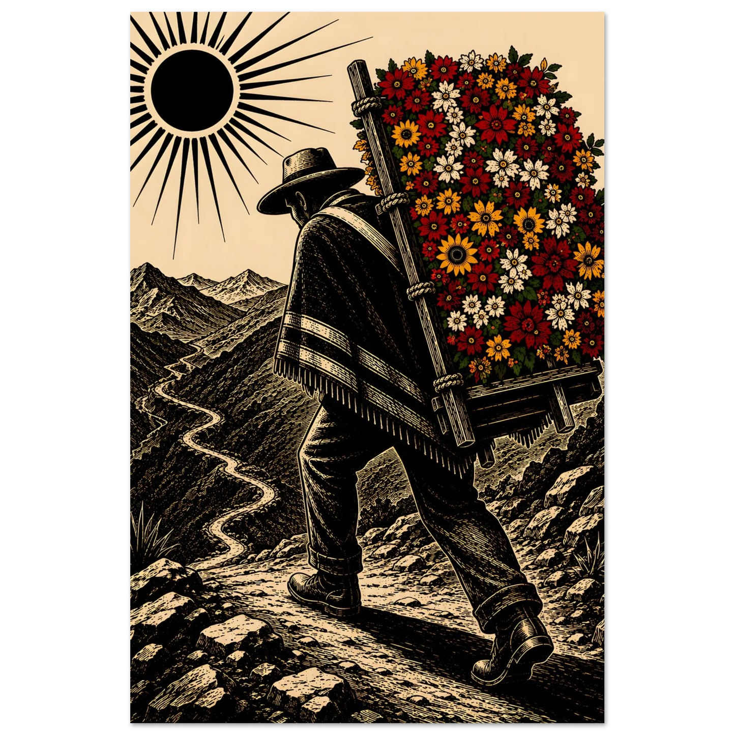 Cartel silletero paisa caminando con silleta de flores por la montaña de Medellín — arte Feria de las Flores PaisaRican