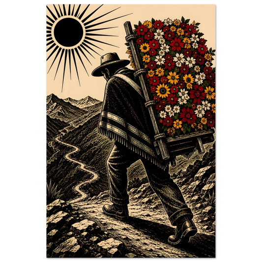 Cartel silletero paisa caminando con silleta de flores por la montaña de Medellín — arte Feria de las Flores PaisaRican