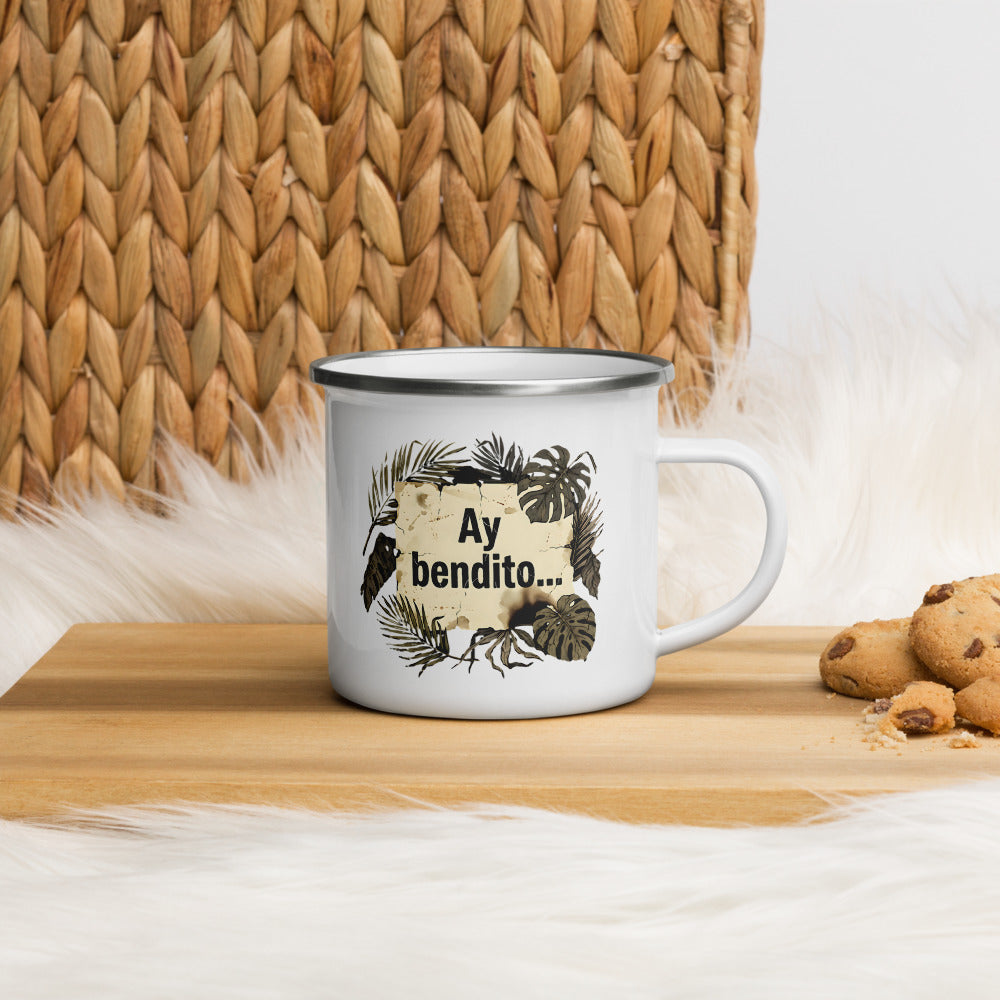 Taza AY BENDITO Pergamino con galletas y canasta de mimbre — lifestyle cozy PaisaRican mug boricua edición vintage
