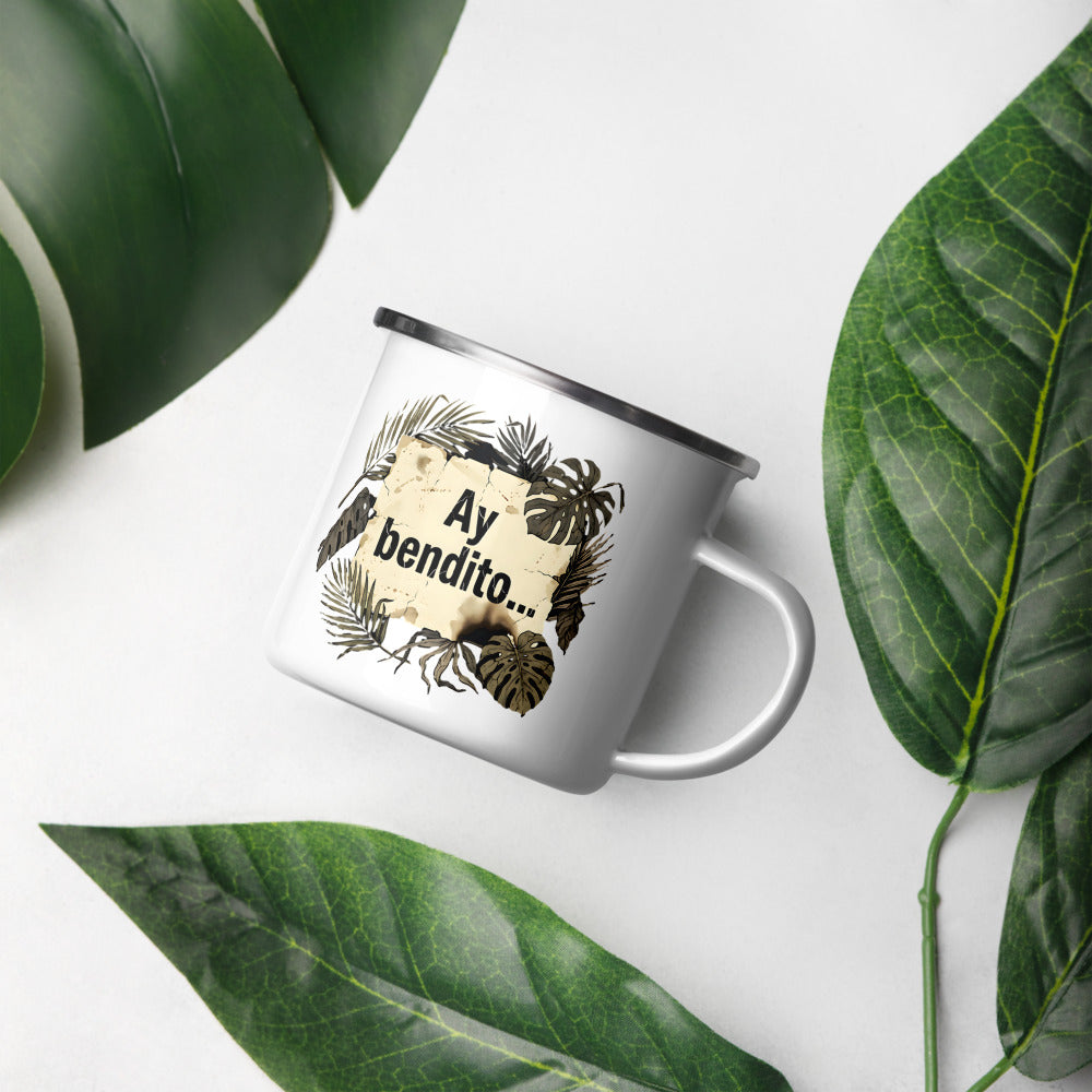 Taza AY BENDITO Pergamino con hojas tropicales en mesa — lifestyle editorial PaisaRican mug boricua