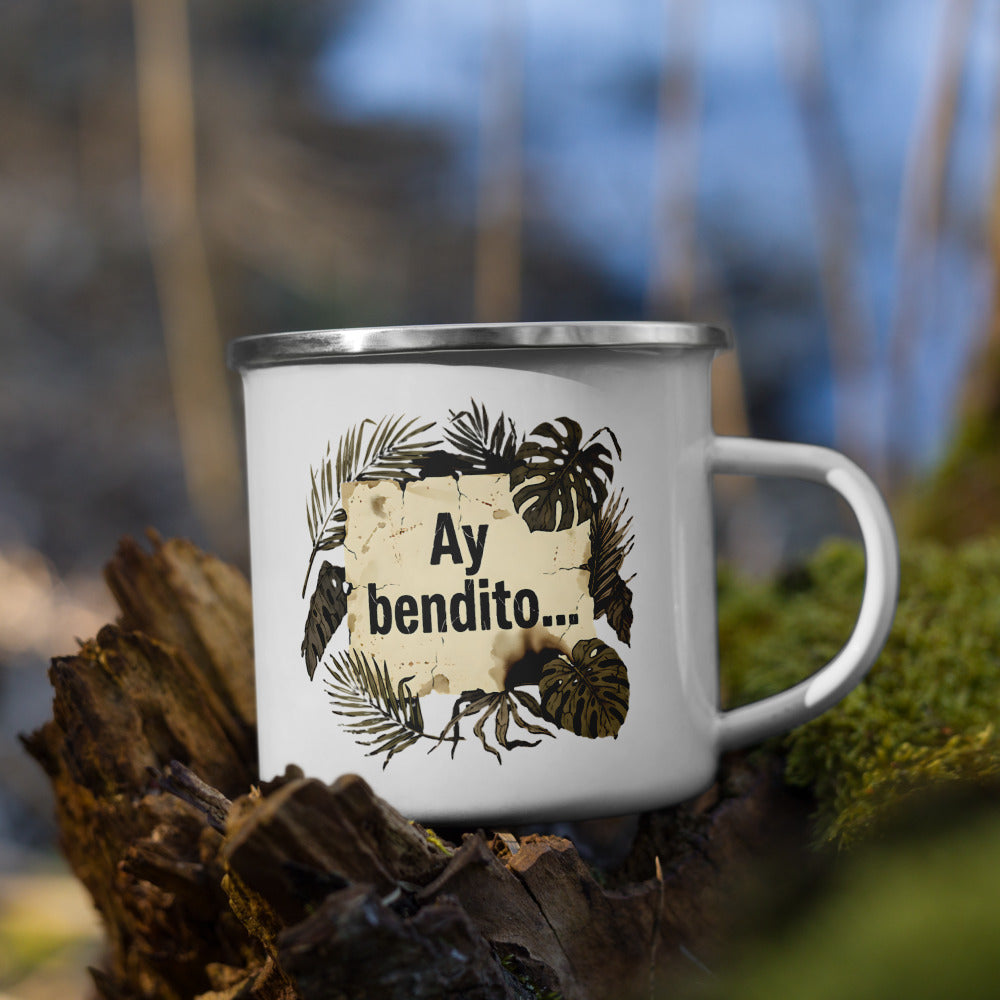 Taza AY BENDITO Pergamino sobre tronco con musgo — outdoor warm PaisaRican mug boricua
