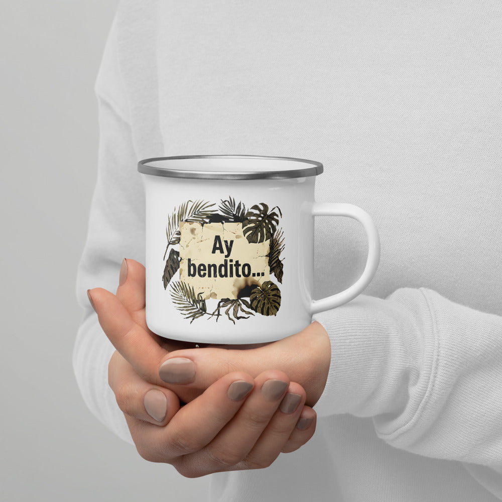 Persona sosteniendo taza AY BENDITO Pergamino — lifestyle PaisaRican mug boricua diáspora
