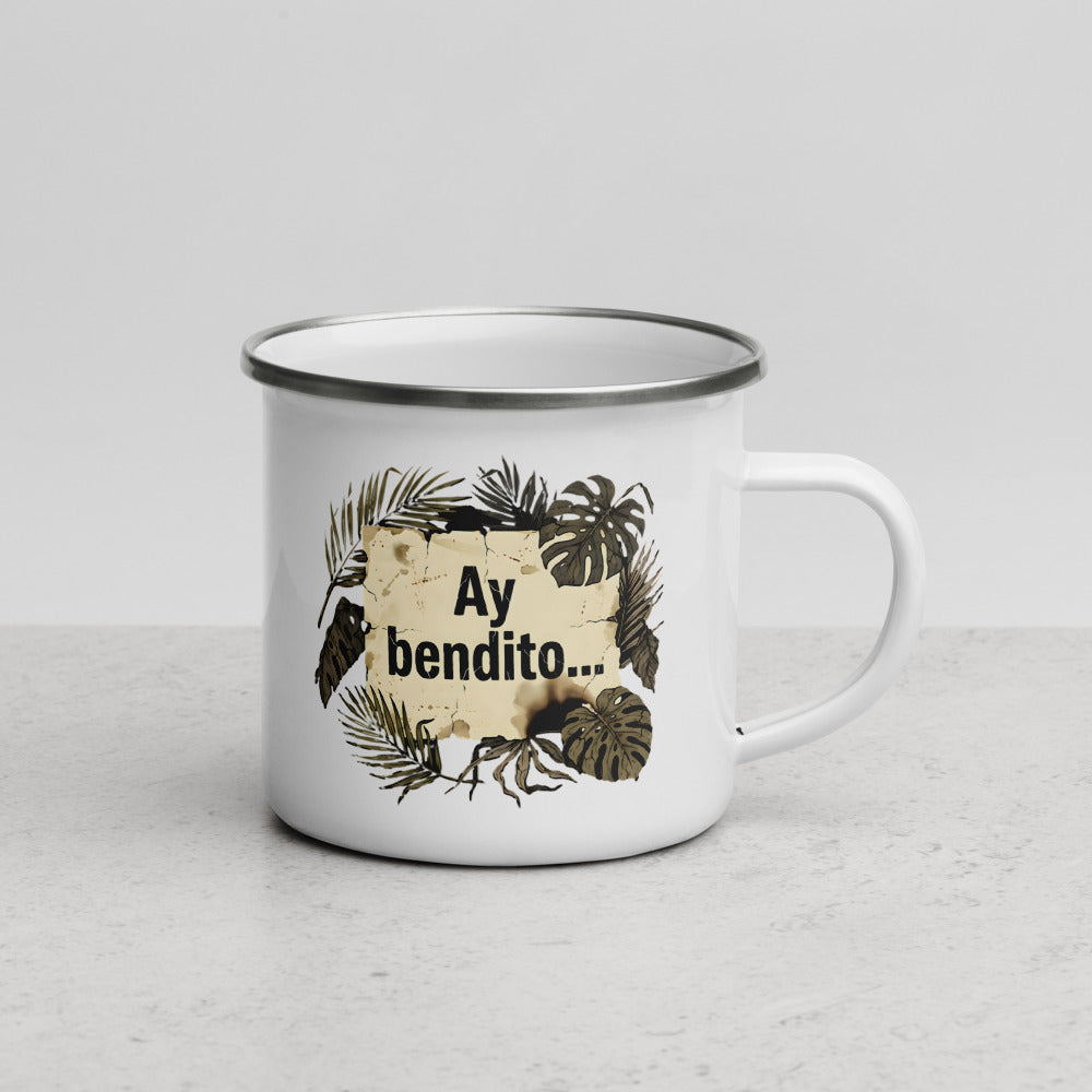 Taza esmaltada blanca 12oz AY BENDITO Pergamino — vista frontal con marco quemado, mug boricua PaisaRican