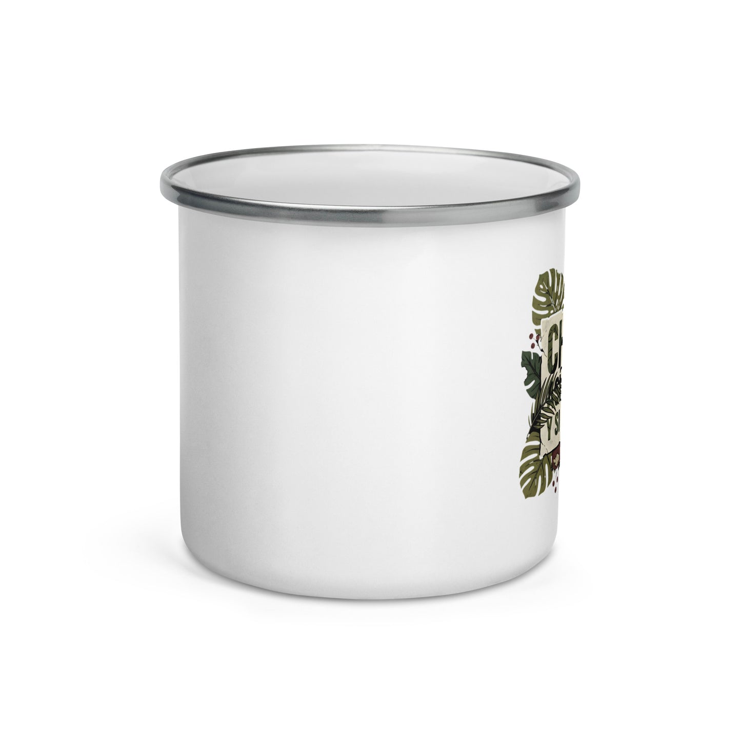 Taza esmaltada blanca 12oz CHIMBA — vista frontal con marco botánico tropical, mug paisa PaisaRican