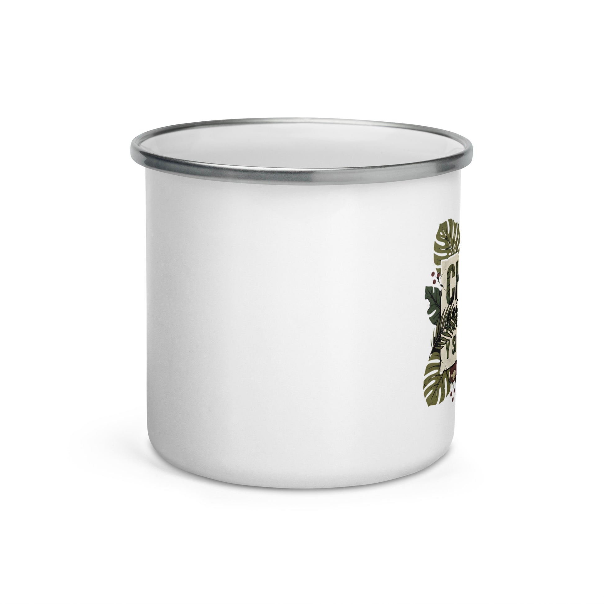 Taza esmaltada blanca 12oz CHIMBA — vista frontal con marco botánico tropical, mug paisa PaisaRican