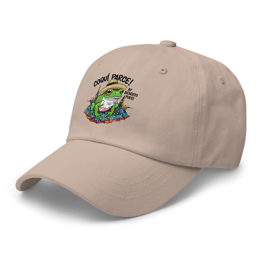 Dad hat negro COQUÍ PARCE — fusión jerga paisa-boricua bordada, gorra streetwear cultural PaisaRican