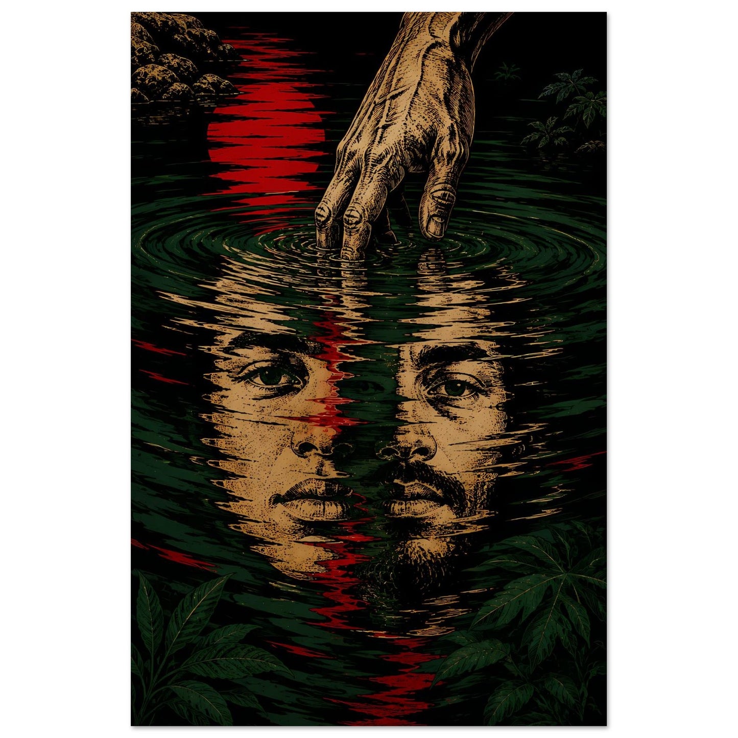 Wall art Fusión dos rostros boricua y paisa reflejados en el agua, mano rompiendo la superficie, diaspora PaisaRican