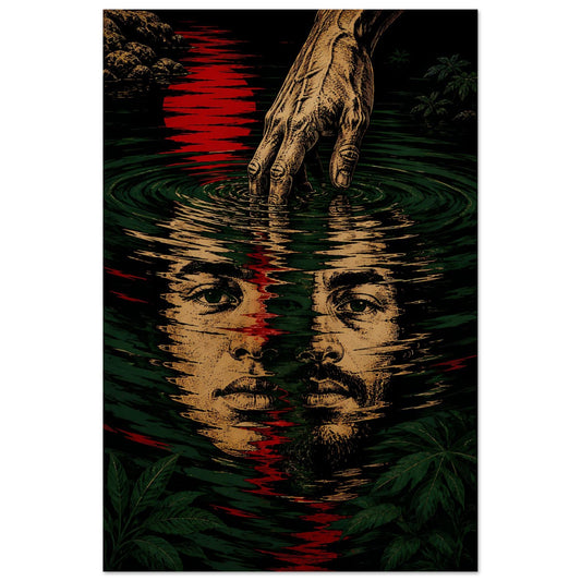 Wall art Fusión dos rostros boricua y paisa reflejados en el agua, mano rompiendo la superficie, diaspora PaisaRican