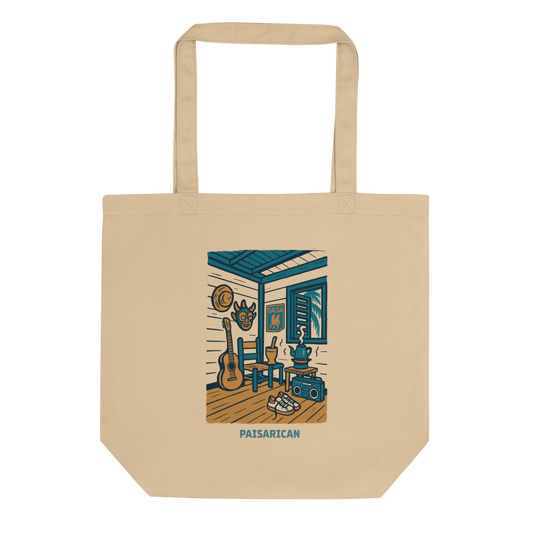 Jíbaro house linocut woodblock style design on natural cotton tote bag — Puerto Rican heritage art