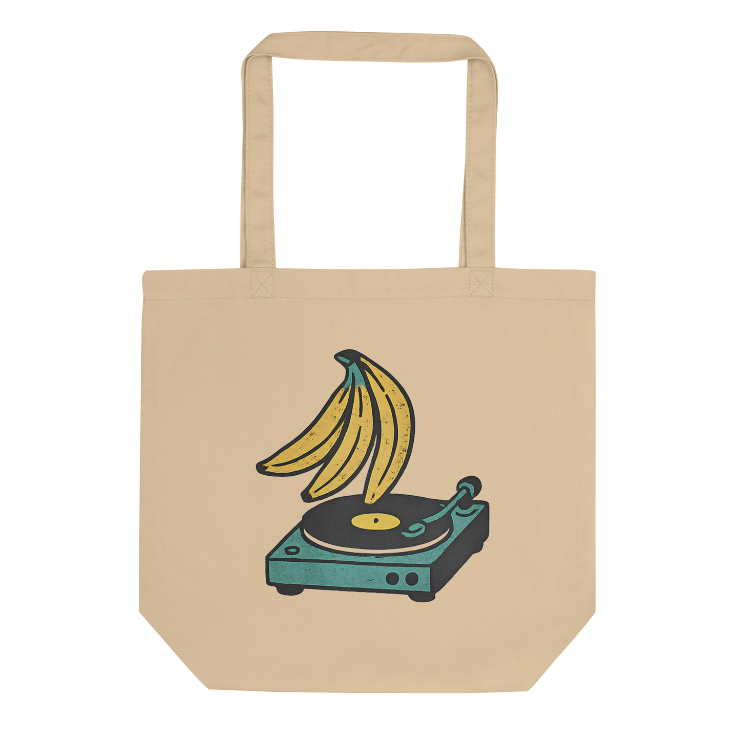 Banana turntable tropical beats illustration on cotton tote bag — Caribbean music culture art