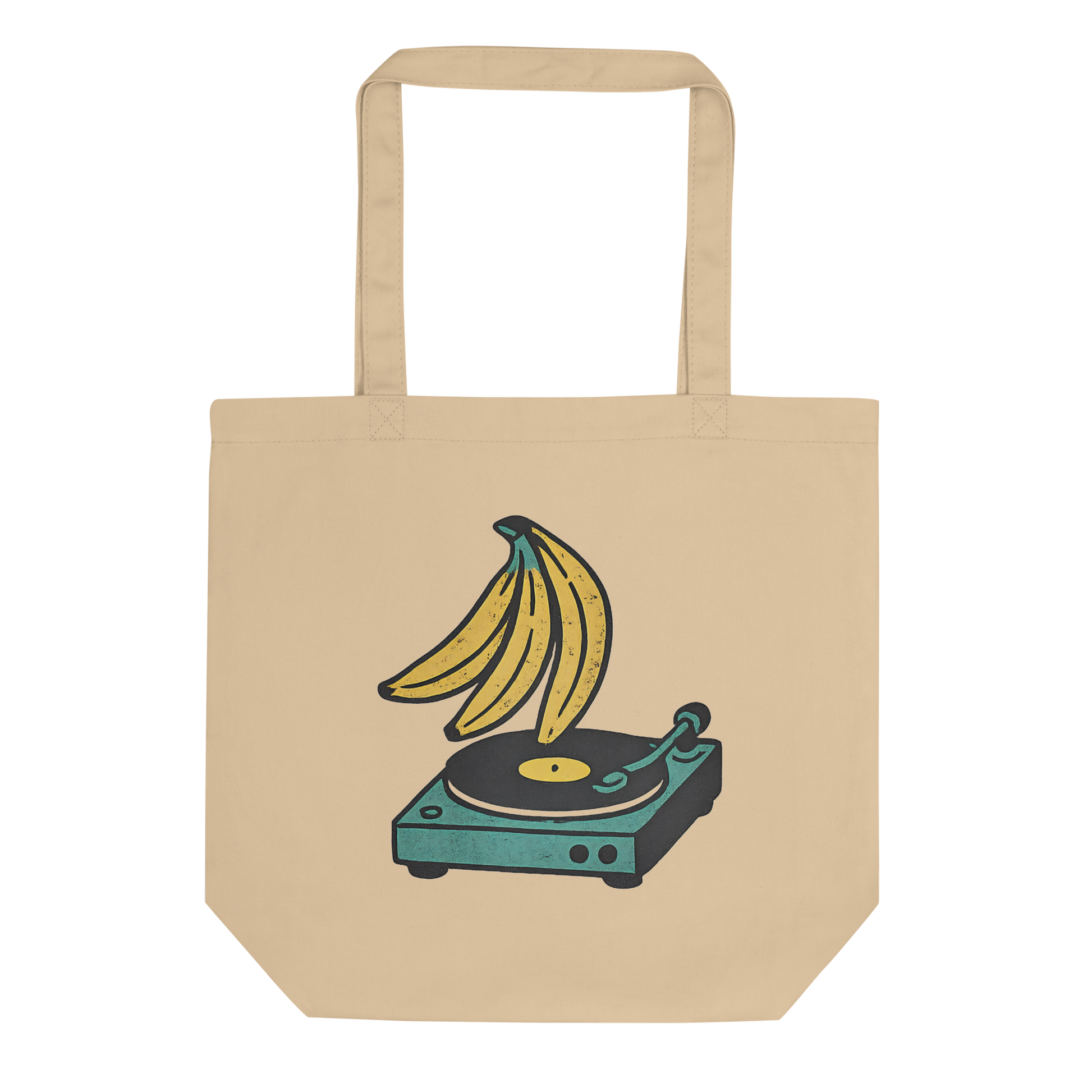 Banana turntable tropical beats illustration on cotton tote bag — Caribbean music culture art