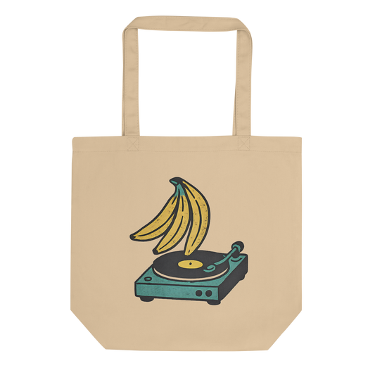 Banana turntable tropical beats illustration on cotton tote bag — Caribbean music culture art