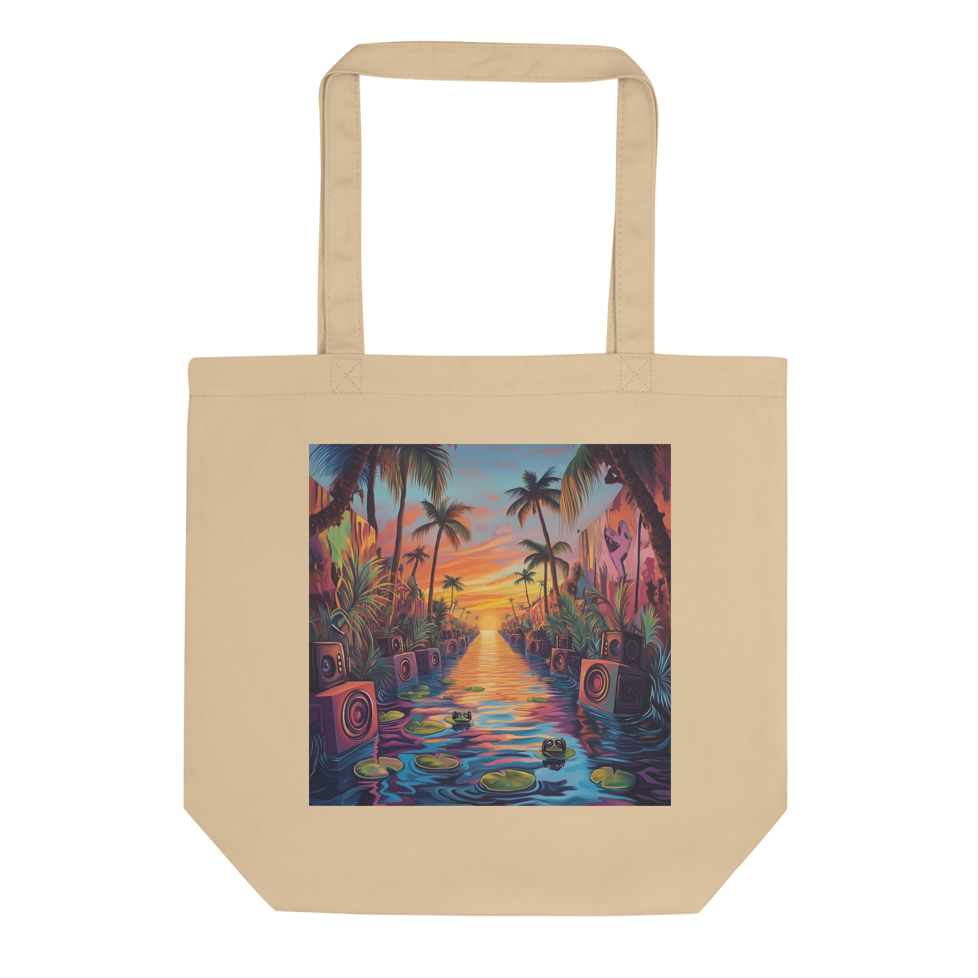 Speaker wall sound system illustration on natural cotton tote bag — Caribbean bass culture art
