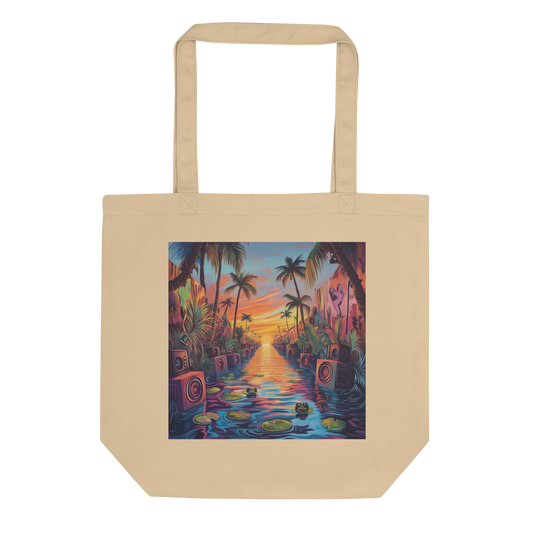 Speaker wall sound system illustration on natural cotton tote bag — Caribbean bass culture art
