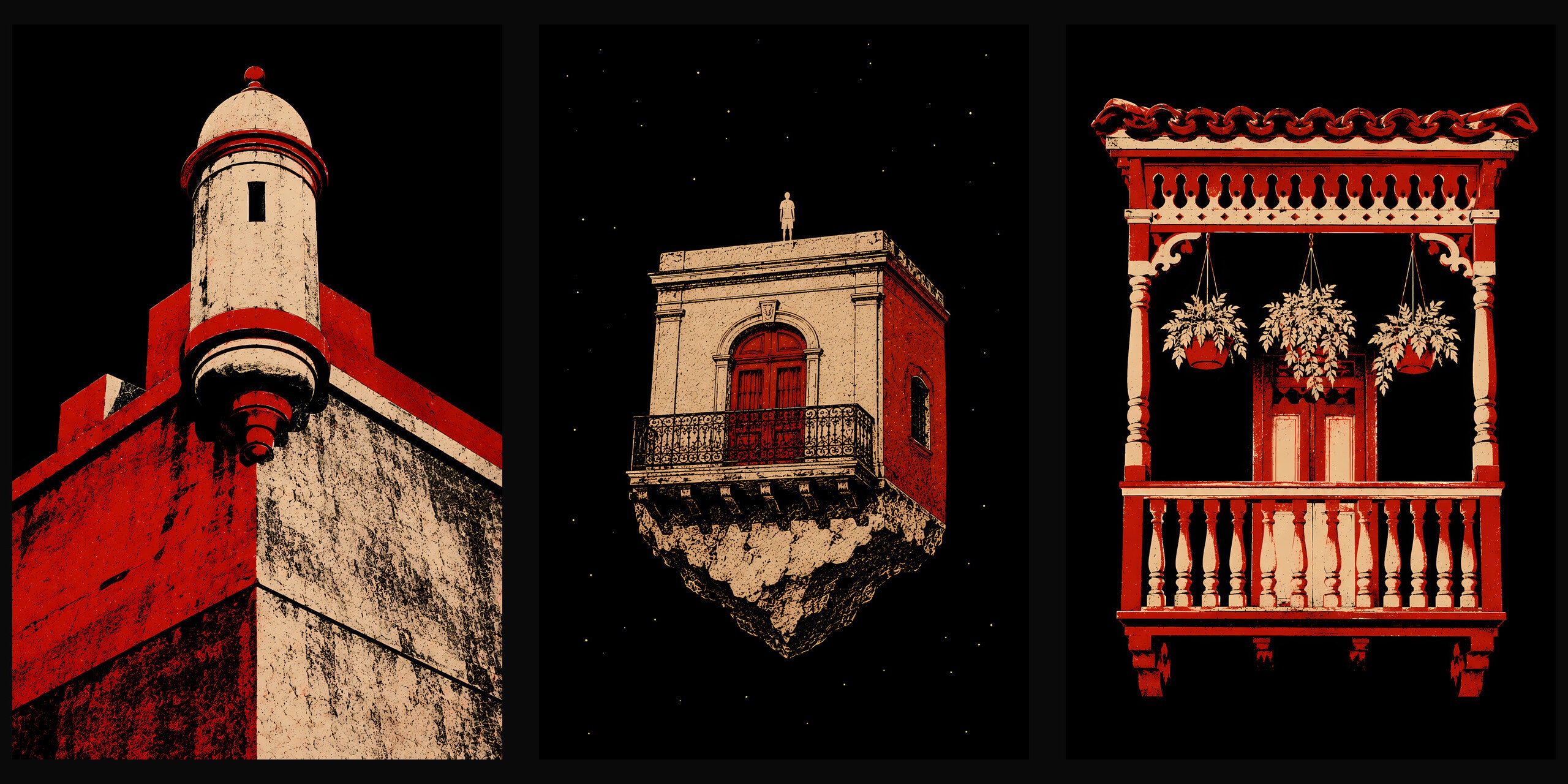 Wall art PaisaRican — garita, casa flotante, balcón antioqueño