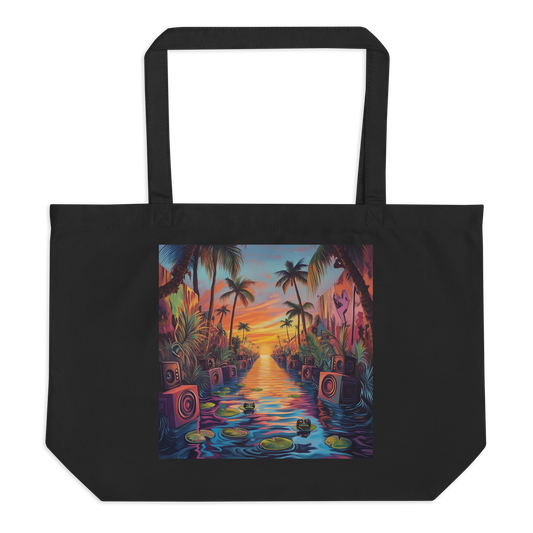 Speaker wall sound system illustration on large black organic tote bag — bass culture art