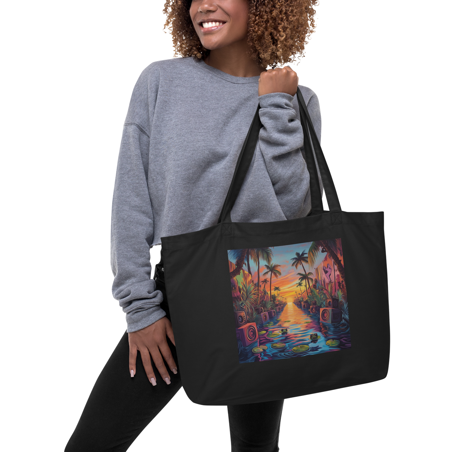  Tote bag GRANDE NEGRA orgánica con arte "Speaker Wall Tropical Soundsystem" — bolsa cultural PaisaRican