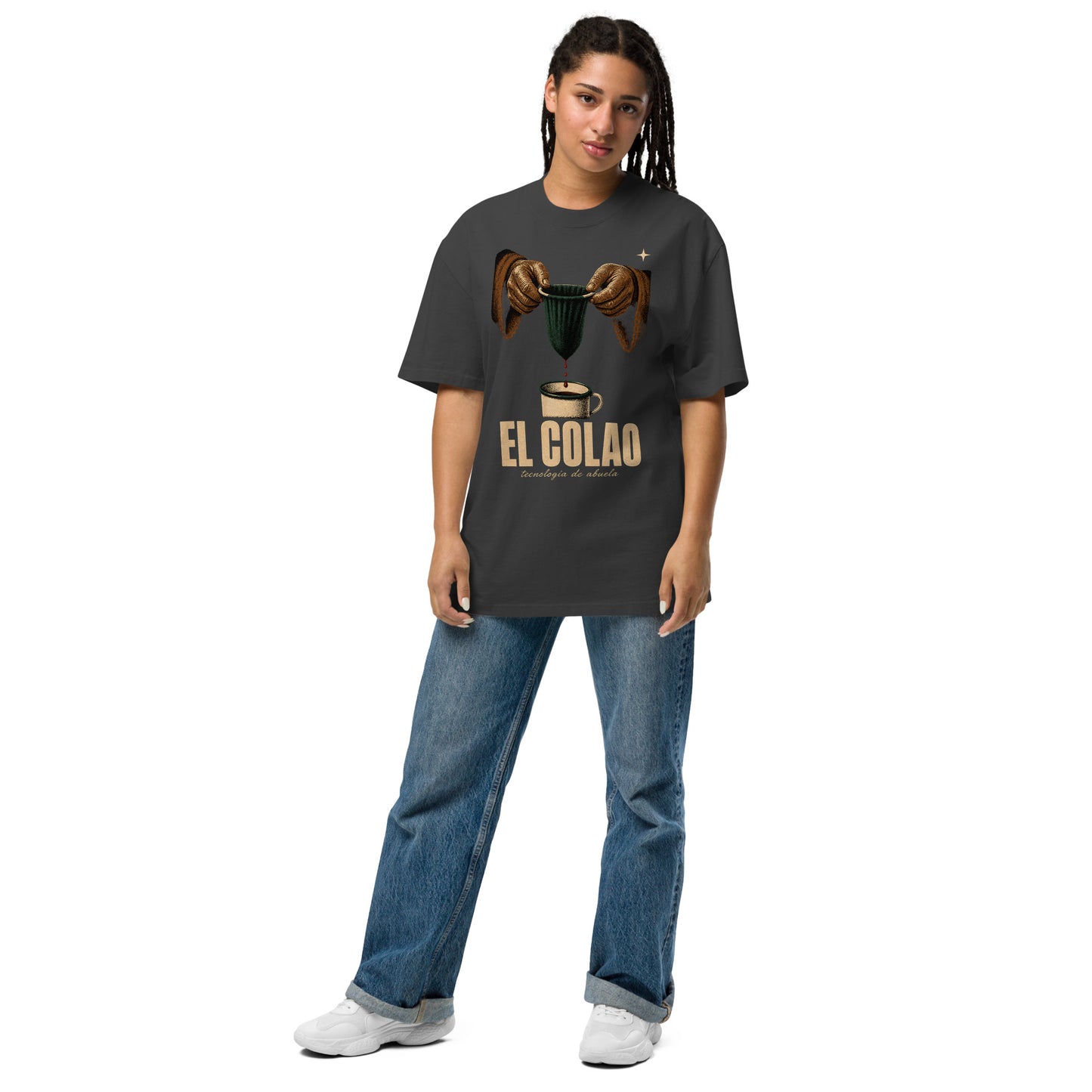 EL COLAO oversized faded black tee flat lay - drop café paisa boricua