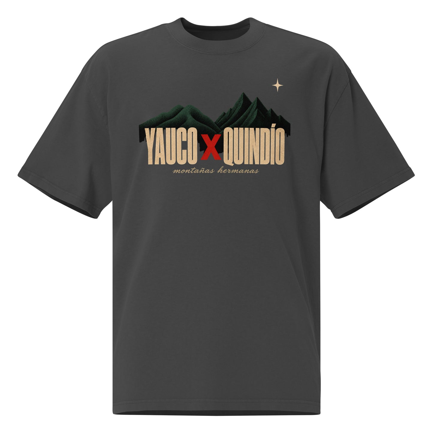 YAUCO × QUINDÍO Montañas Hermanas oversized faded black tee front - cordilleras verde petróleo + texto wide bold dorado + X rojo brick estilo cartel revolucionario PaisaRican