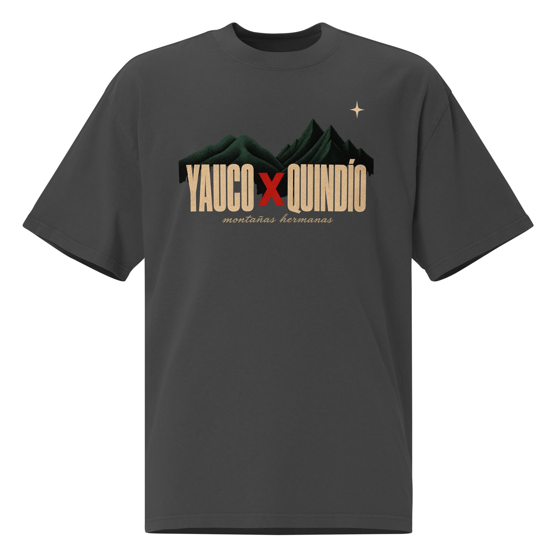 YAUCO × QUINDÍO Montañas Hermanas oversized faded black tee front - cordilleras verde petróleo + texto wide bold dorado + X rojo brick estilo cartel revolucionario PaisaRican