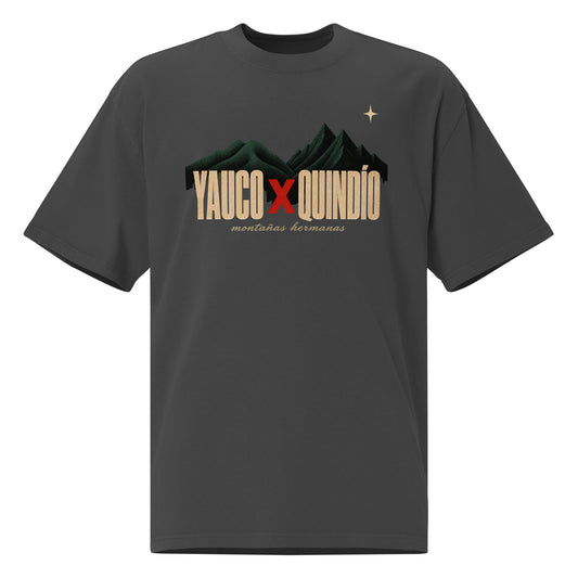 YAUCO × QUINDÍO Montañas Hermanas oversized faded black tee front - cordilleras verde petróleo + texto wide bold dorado + X rojo brick estilo cartel revolucionario PaisaRican