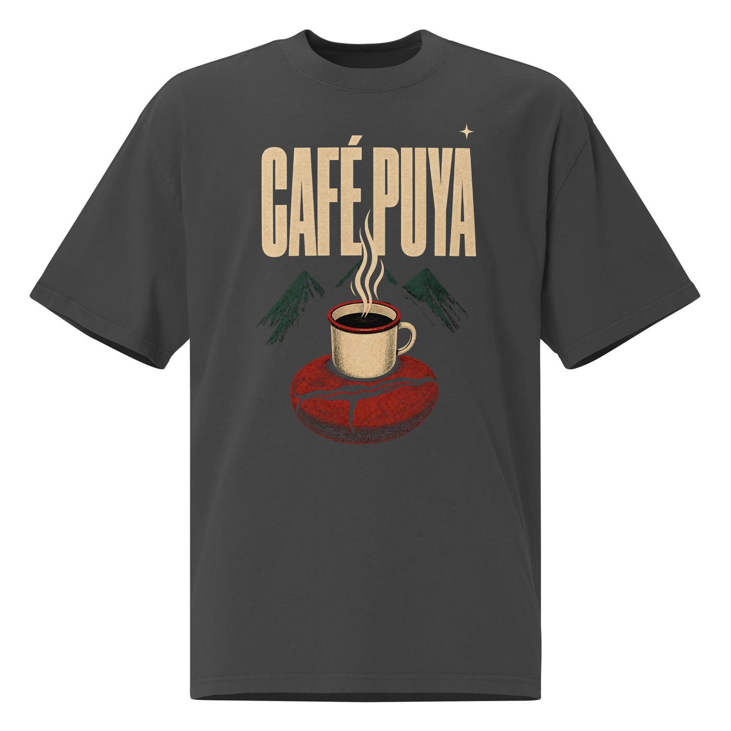 CAFÉ PUYA oversized faded black tee front - taza esmaltada humeando sobre grano de café rojo brick gigante, montañas verde petróleo de Yauco al fondo, texto wide bold crema CAFÉ PUYA, cartel revolucionario boricua PaisaRican