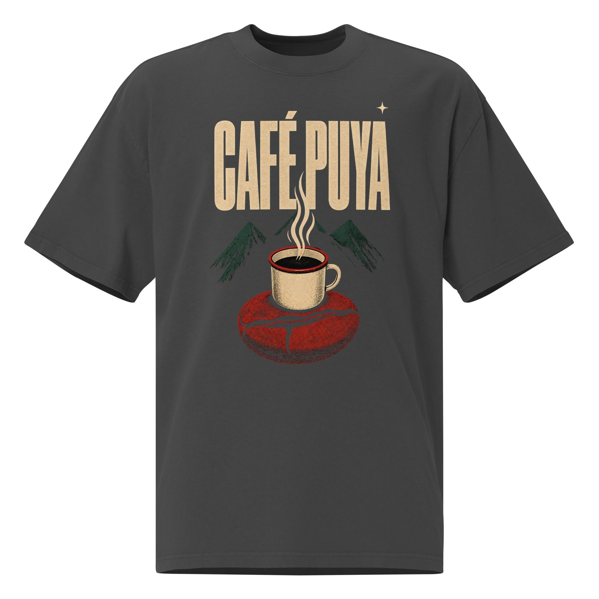 CAFÉ PUYA oversized faded black tee front - taza esmaltada humeando sobre grano de café rojo brick gigante, montañas verde petróleo de Yauco al fondo, texto wide bold crema CAFÉ PUYA, cartel revolucionario boricua PaisaRican