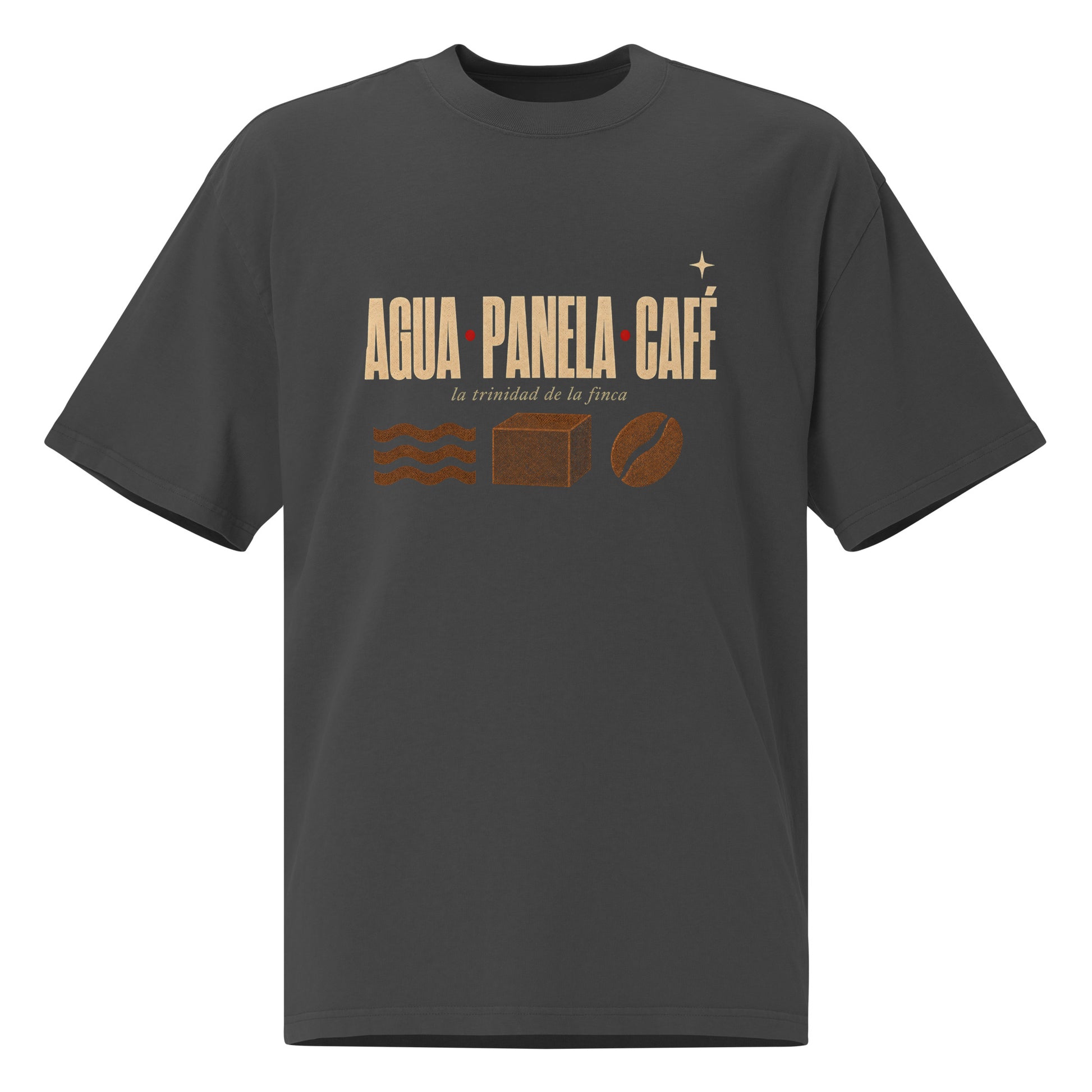 AGUA PANELA CAFÉ oversized faded black tee front - tipografía wide bold crema con los 3 iconos xilográficos: agua, panela, grano de café - estrella decorativa - cartel revolucionario paisa PaisaRican