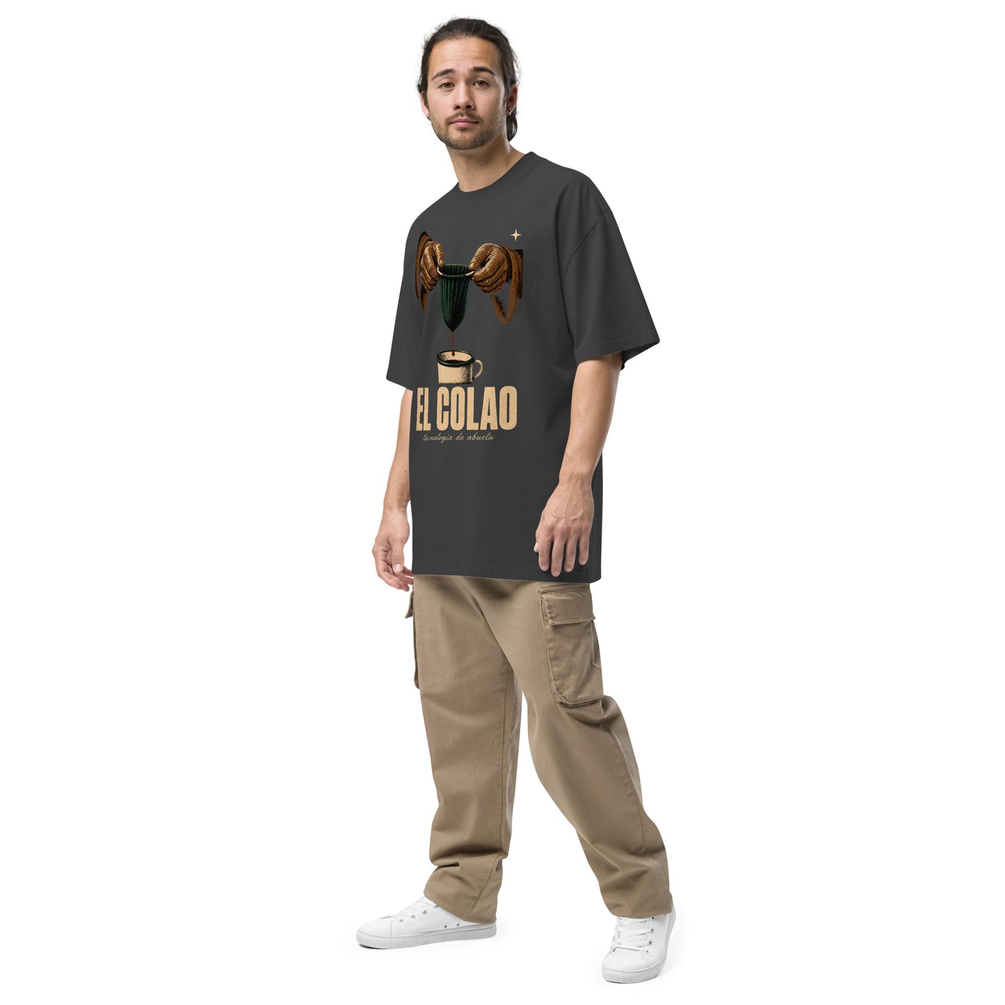 EL COLAO oversized faded black tee model wearing - PaisaRican streetwear cultural
