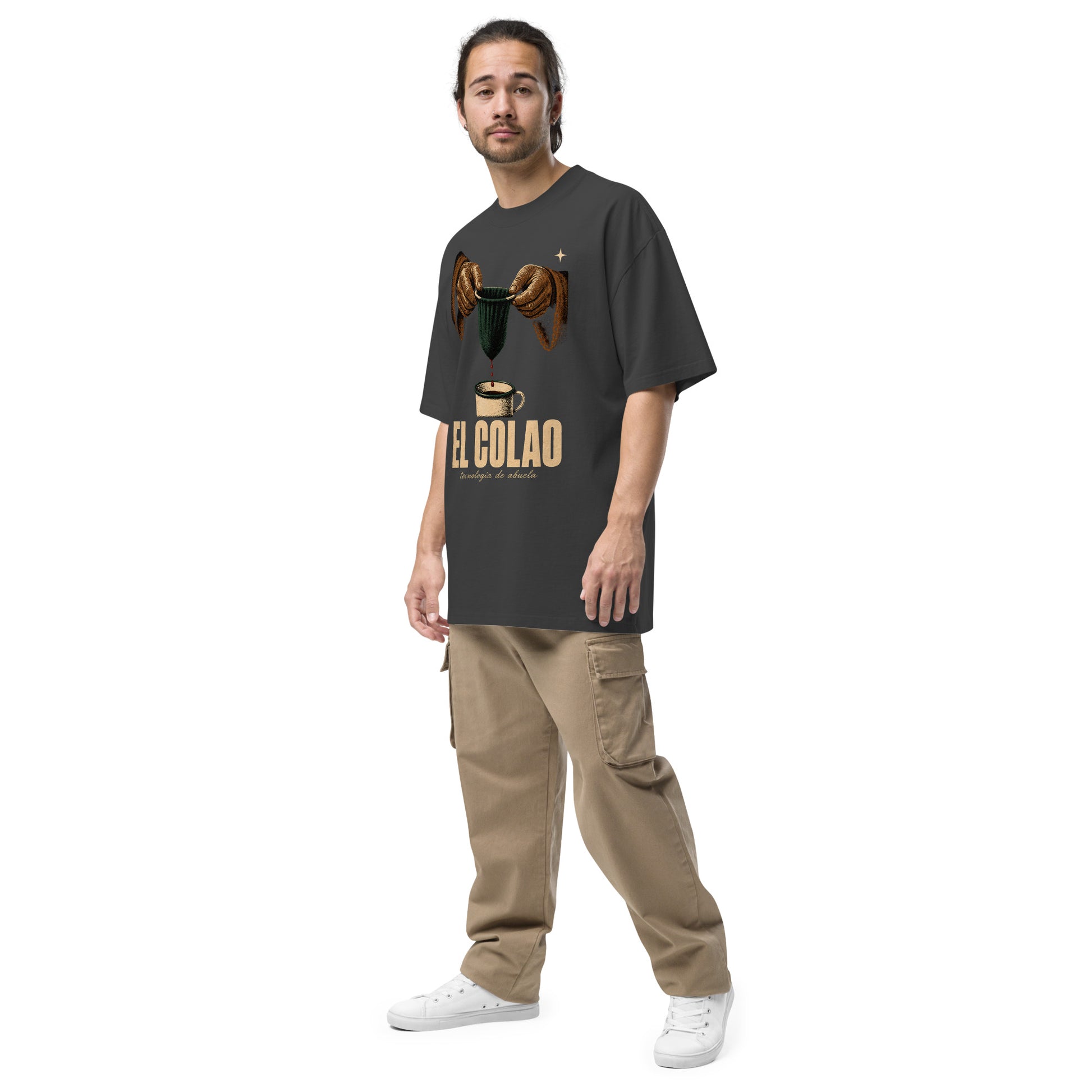 EL COLAO oversized faded black tee model wearing - PaisaRican streetwear cultural