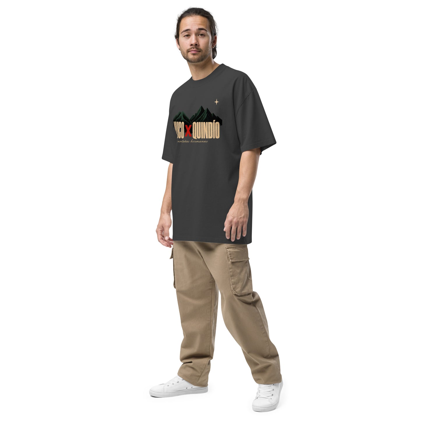 YAUCO × QUINDÍO Tee model wearing left front - PaisaRican streetwear cultural cafetalero