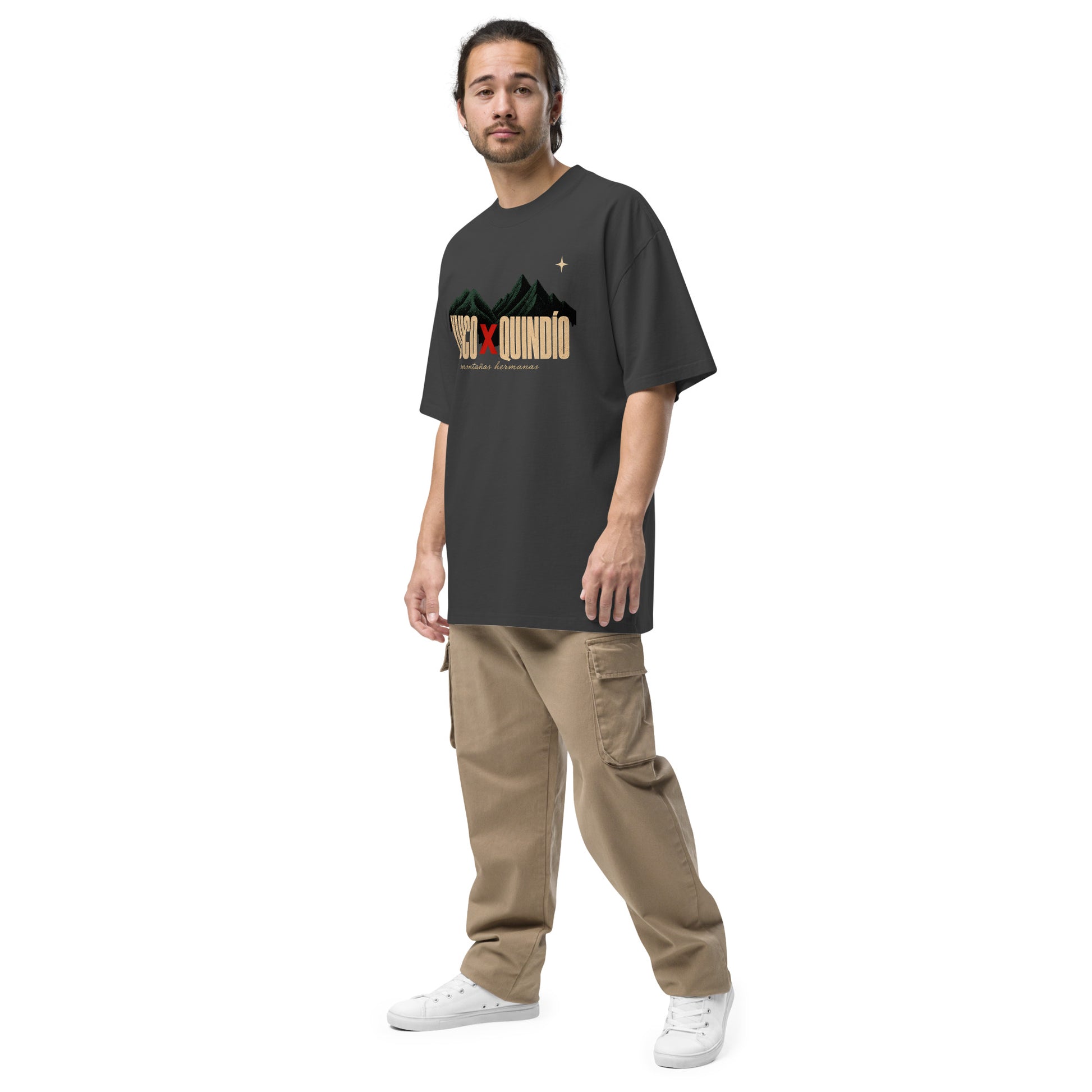 YAUCO × QUINDÍO Tee model wearing left front - PaisaRican streetwear cultural cafetalero