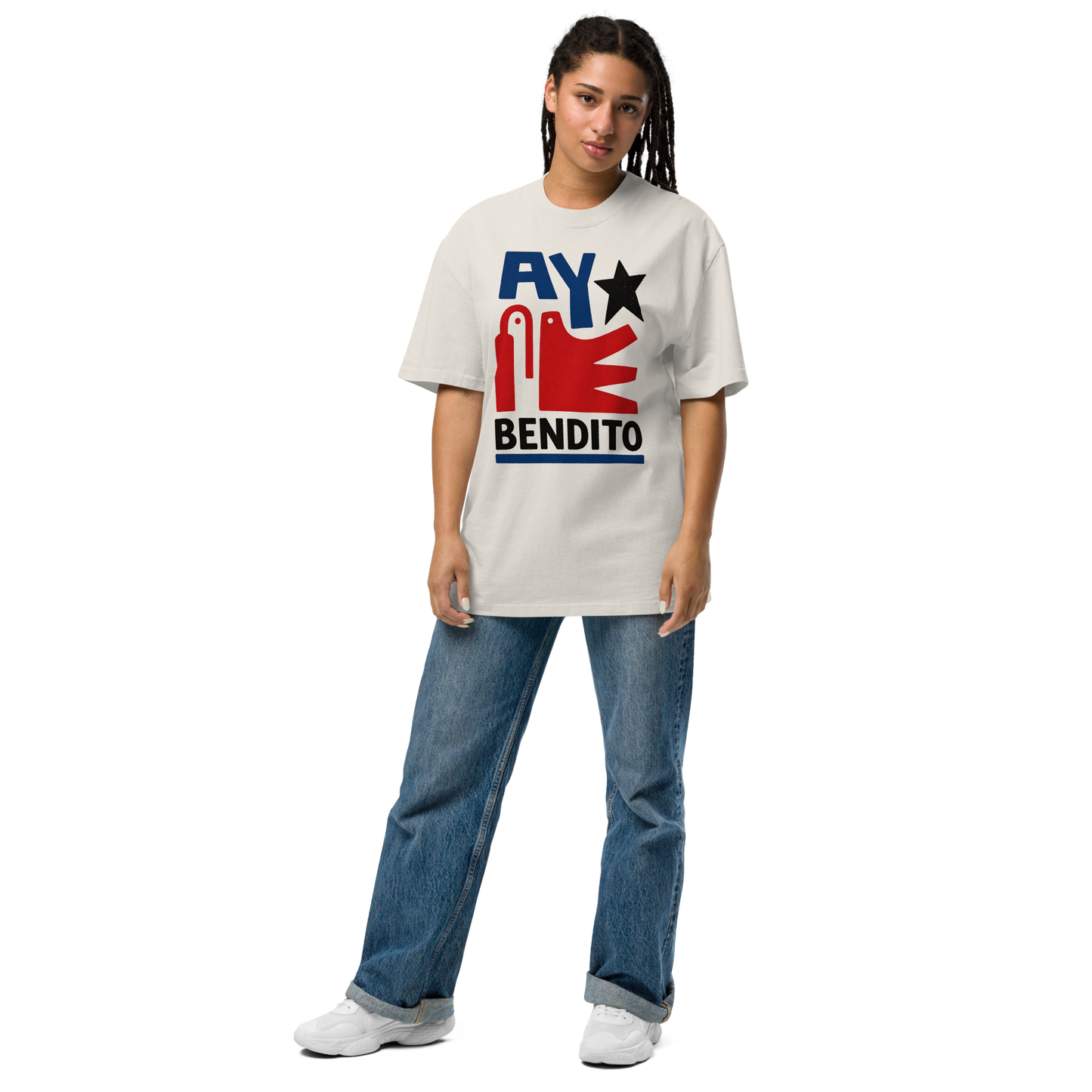  Camiseta oversized faded BONE/CREMA con texto "AY BENDITO" — streetwear cultural boricua PaisaRican
